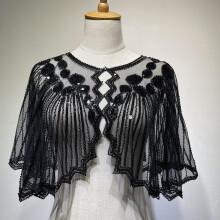 Vintage Sequin Capelet Beaded Shawl For Wedding Bridal Evening Cape Flapper 1920s Style Black