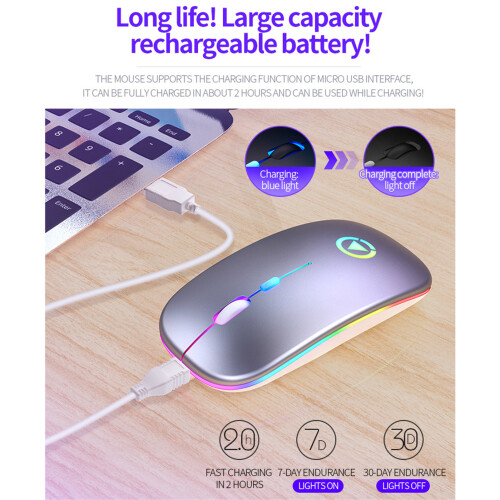 Mouse sem fio, mouse Bluetooth de modo duplo, fino, com luz de sete cores e ampla compatibilidade. 1