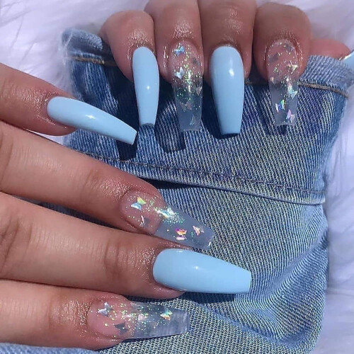 Bling Glitter Nails, Τεχνητά Νύχια που Λάμπουν, Καλοκαιρινό Μπλε Γαλλικό Μύτη για Ζωντανή