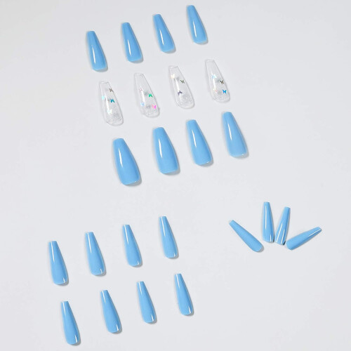 Bling Glitter Nails, Τεχνητά Νύχια που Λάμπουν, Καλοκαιρινό Μπλε Γαλλικό Μύτη για Ζωντανή 1