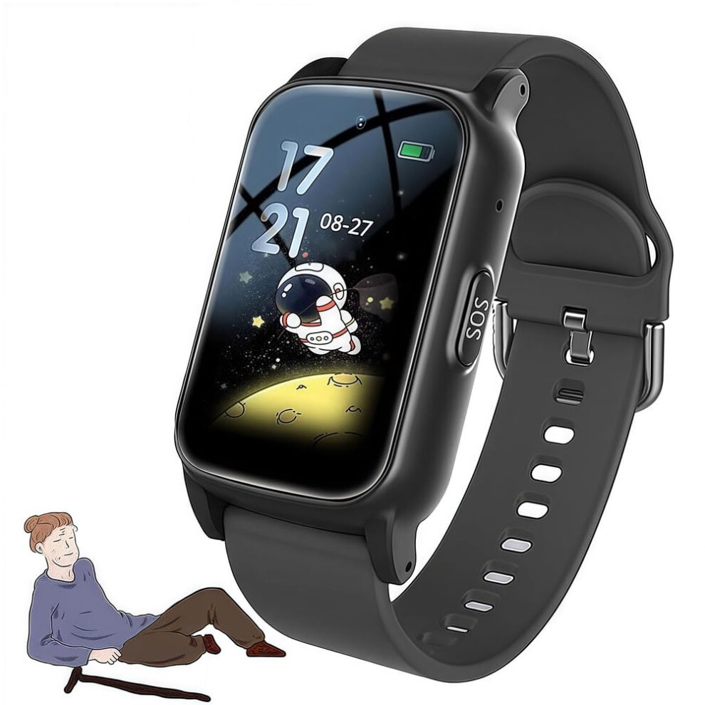 Black Fall Detection Smart Watch For Seniors With Hd Video Call, Gps Tracker, Sos Call Bracelet, Ip67 Waterproof,