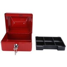 Home Office Portable Red Cash Box with Key Lock - 6in Steel Safe