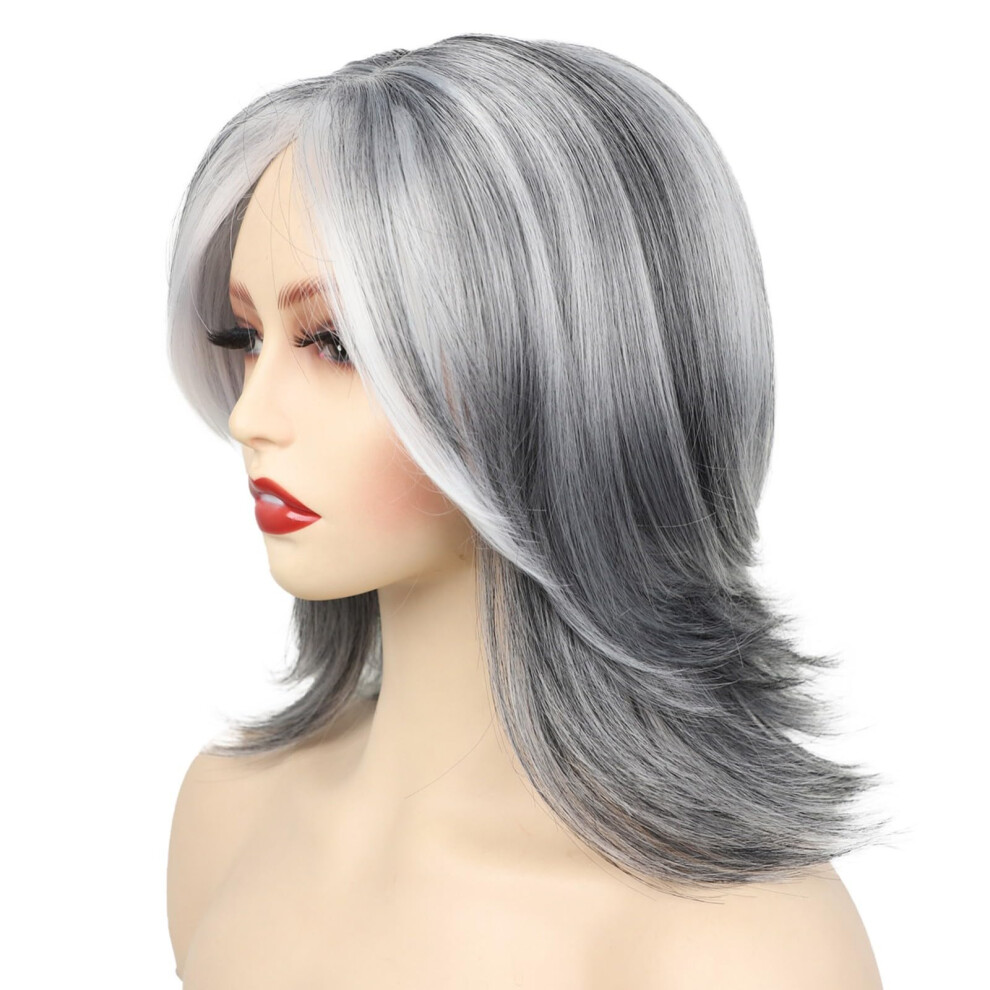 Layered Bob Wig With Curtain Bangs, Synthetic Short Wavy Wig, Light Ombre Highlight, Covers White Hair Loss (A)