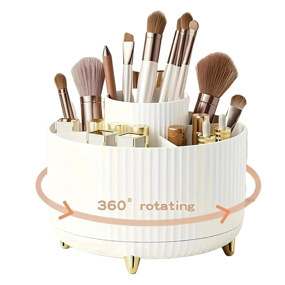 White 360 Rotating Makeup Organizer With Multicompartment Design For Brushes Skincare And Stationery