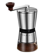 Manual Coffee Grinder with Adjustable Ceramic Burr, Eight Gear Precision, Wooden Handle, Glass Chamber