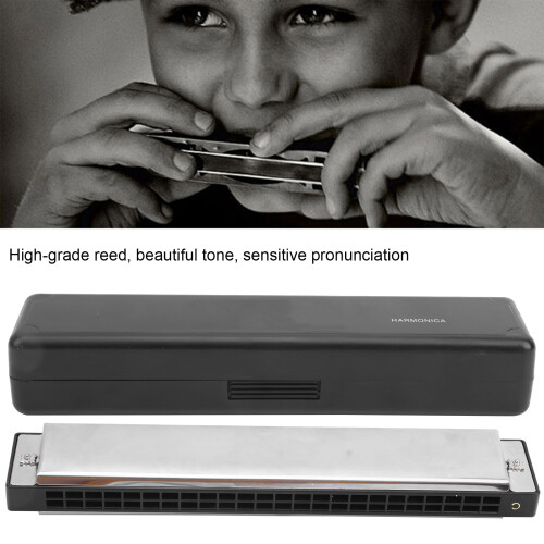 24 Hole C Key Harmonica, Silver & Black, Brass Backing Plate 2