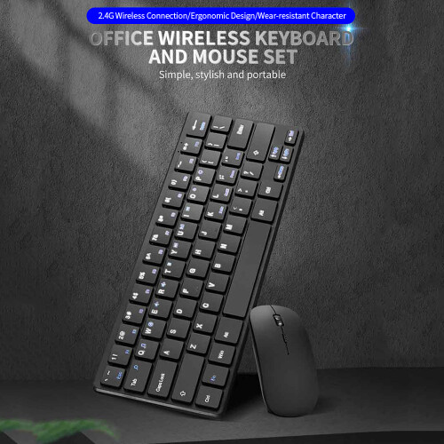 2.4G Wireless Keyboard Mouse Combo, Slim Black, 64 Keys, Adjustable DPI