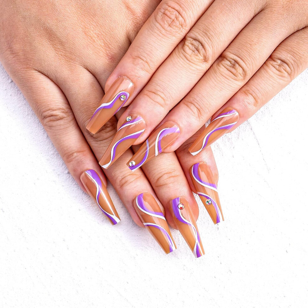 Press On Nails, Elegant False Nails With Drill Long Ballerina Rhinestones, Stylish Glossy Nails For Women And Girls, Ideal For Celebrations And