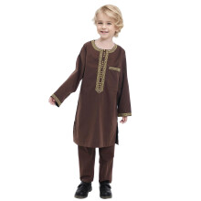 Muslim Robe For Boys Round Long Sleeves Embroidered Coffee Color Size 910 Years For Arabic Children 2025