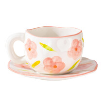 Hand Painted Coffee Cup With Saucer, Irregular Shape Ceramic Flower Mug, Floral Pattern Coffee Cup, Cute Creative Design