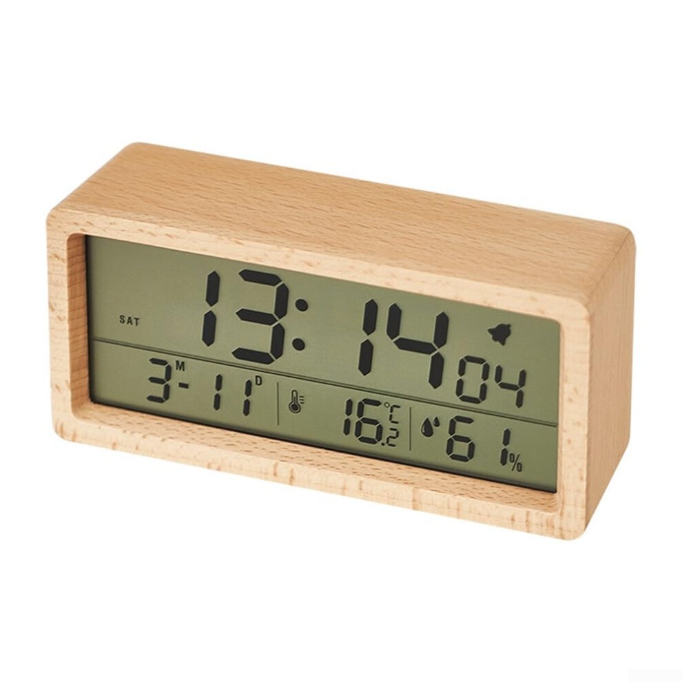 Large Screen Wooden Alarm Clock With Integrated Temperature And Humidity Sensors, Multiple Alarm Functions, Yellow Wood