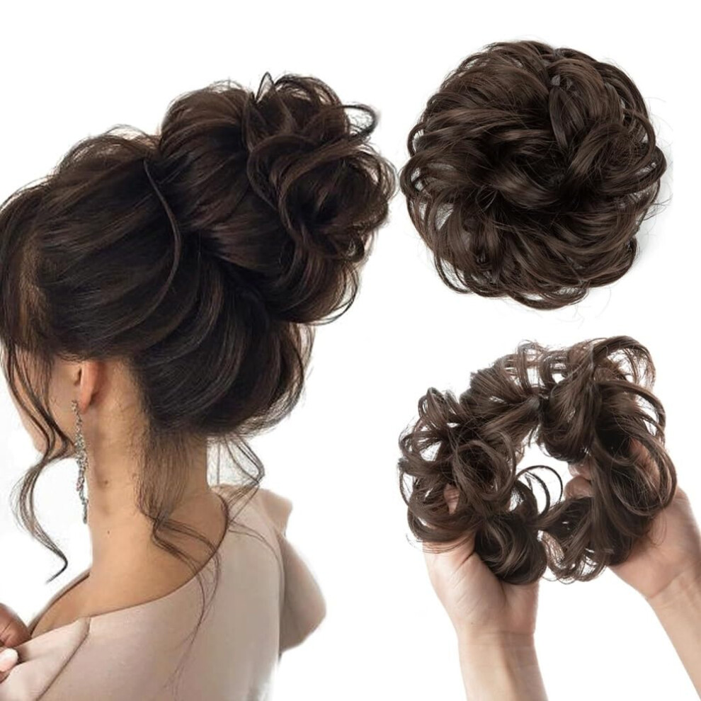 Unisex Brown Bun Wig Messy Bun Hairpiece For Women Wavy Curly Chignon Ponytail Extensions Thick Tousled Updo Dark