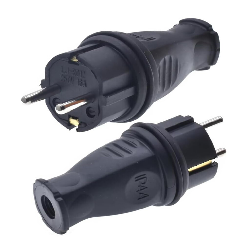2 Pack Waterproof European Schuko Power Plug Adapter 16A 250V Outdoor Rewireable Black 9199774649766