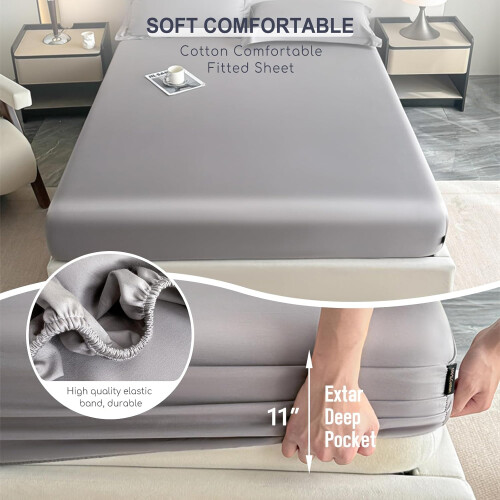 Fitted Bed Sheets 90x200 cm Extra Deep Pocket Durable Elastic Cotton Bedding 1