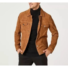 (L, Real Genuine Leather) Men's Suede Leather Bomber Jacket Casual Slim Fit Brown Suede Button Down Shirt