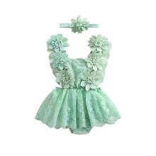 (12-18 Months, Green) Conjunto de verão para bebê menina, com body bordado floral e faixa de cabelo com laço.