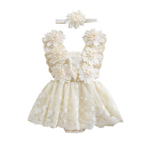 (3-6 Months, Beige) Conjunto de verão para bebê menina, com body bordado floral e faixa de cabelo com laço.