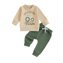 (6-12 Months, Khaki) Dwuczęściowy strój dla chłopca, bluza z długim rękawem, nadruk traktora, elastyczne spodnie z kieszeniami.