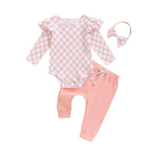 (6-9 Months, Pink) Conjunto de Outono para Bebê Menina: Macacão de Manga Longa, Calça Lisa e Faixa (3 Peças)