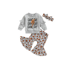 (18-24 Months, Gray) Ensemble automne petite fille : sweat-shirt long à volants, pantalon évasé football et bandeau.