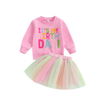 (18-24 Months, Pink) Ensemble 2 pièces pour filles, sweat-shirt brodé et jupe en tulle - Vêtements d'anniversaire