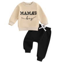 (3-4Y, Khaki) Boys Autumn 2PCS Outfit Sets Long Sleeve O Neck Letter Embroidery Tops Drawstring Pants Sets