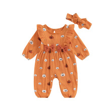 (3-6 Months, Orange) Éadaí Fómhar do Chailín Leanbh, Leapsuit Muinchille Fada, Prionta Pumpkin le Banda Ceann