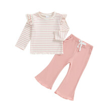 (18-24 Months, Pink) Dziewczęcy komplet w paski z koronką, długi rękaw, falbanki, elastyczny pas, długie spodnie