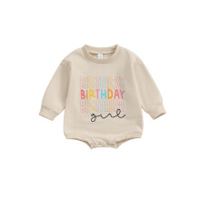 (12-18 Months, Apricot) Romper Breithlá Cailín le Muinchille Fada agus Prionta Litreacha do Chailíní Beaga