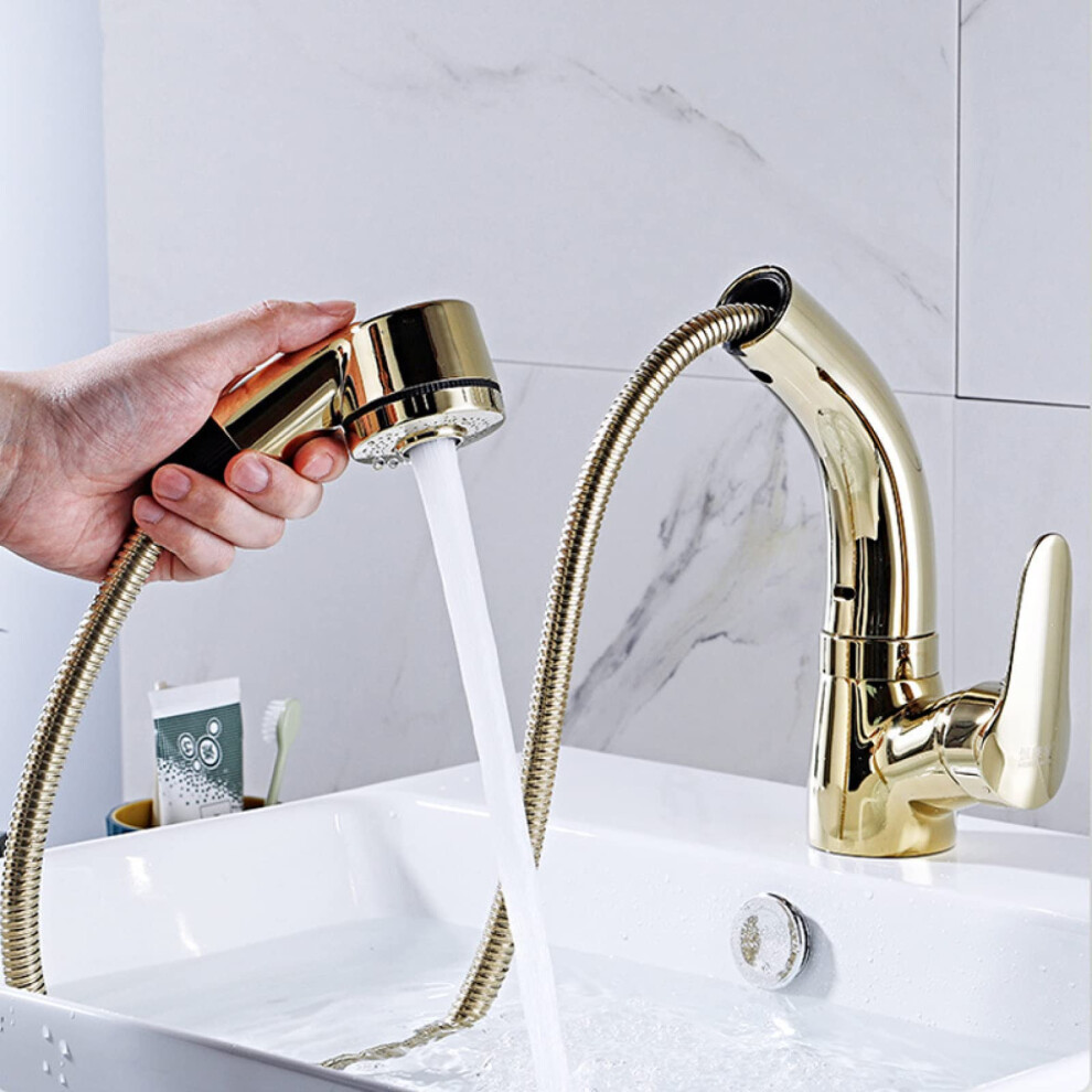 Pullout Basin Faucet With Hot And Cold Water, Stainless Steel, Pullout Spray, Telescopic Rotating Spout, Bathroom Sink 9187378477557