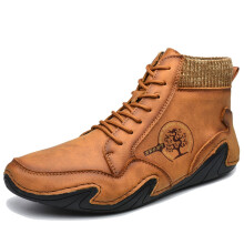 Men's Warm Lined Leather Ankle Boots LaceUp NonSlip Sole Winter Casual Shoes Khaki 4.5 UK
