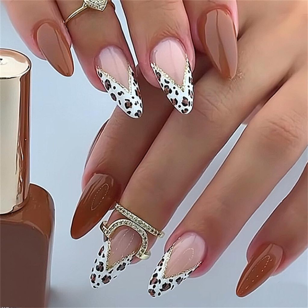 24Pcs V Shape French Tip Leopard Press On Nails Medium Length Almond Glossy Reusable Fake Nails