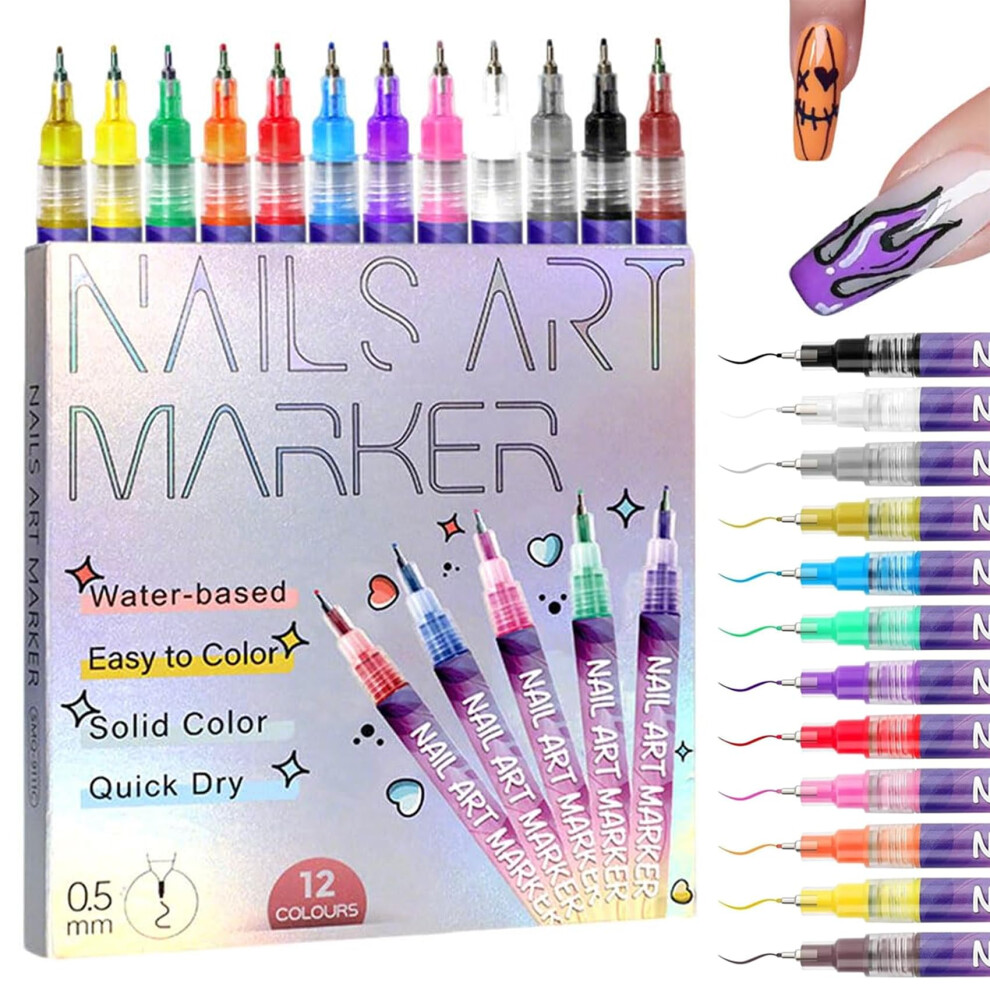 12 Colors Nail Art Pens Set with Ultrafine 0.5mm Tip, QuickDry Nail Art Markers for Salon and DIY