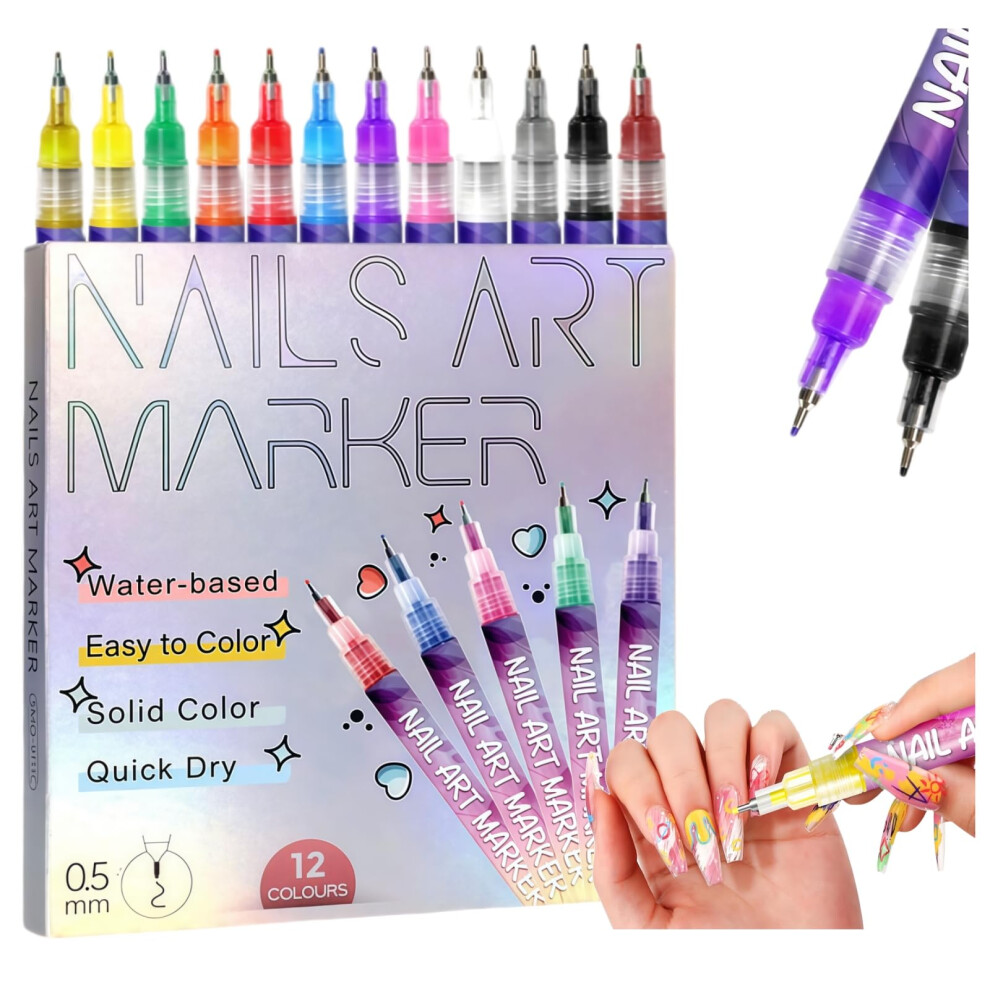 12 Colors Acrylic Nail Art Pens Set with 0.5mm Fine Tip, LongLasting QuickDry DIY Manicure