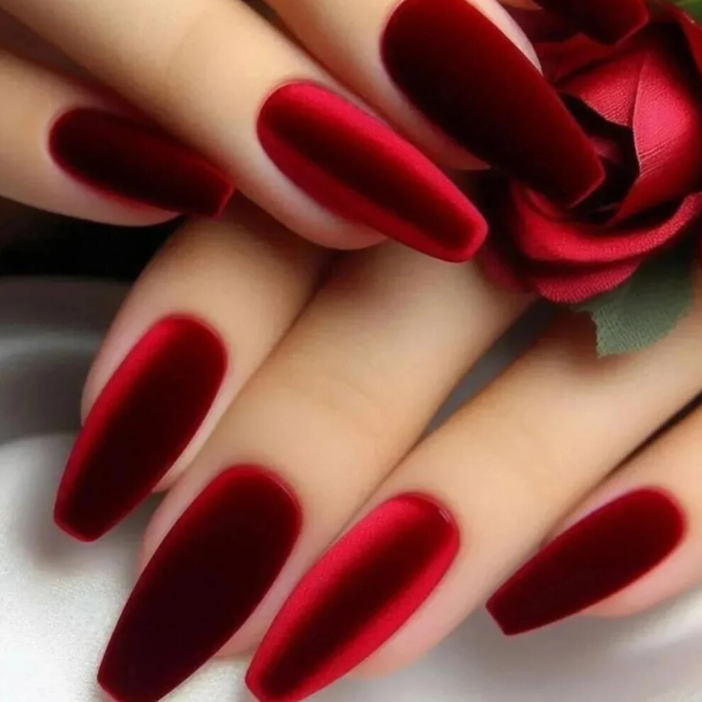 Red Long Coffin Press On Nails Matte Acrylic False Nails With Glue Reusable Nail Tips 24Pcs