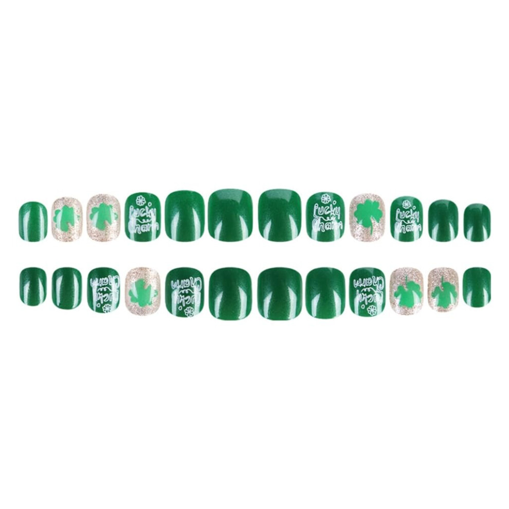 Green Saint Patrick's Day Press On Nails With Festive Shamrock Design, Square Clover False Nails