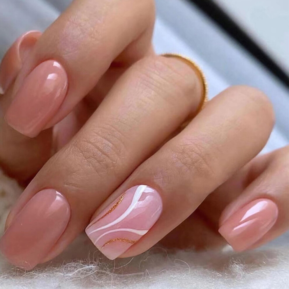 Cream Short Coffin Nude Ombre Press On Nails 24Pcs Glossy Acrylic Fake Nails With Reusable Adhesive