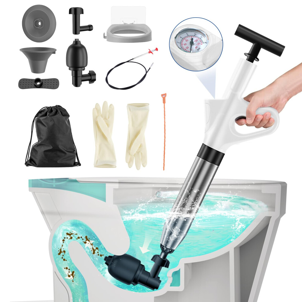 Stainless Steel Pressure Toilet Plunger With Holder And Visual Gauge For Bathroom And Kitchen 9094768911204