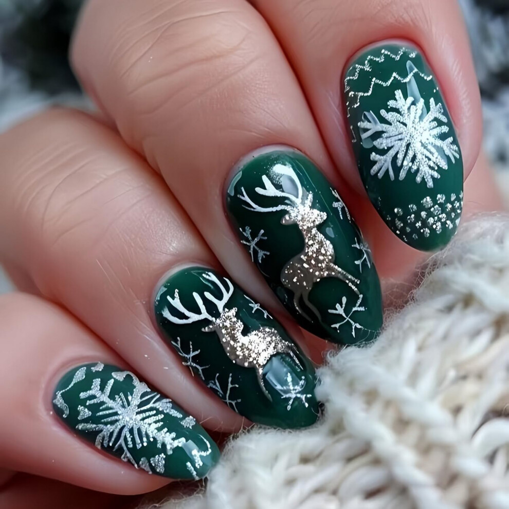 Green Christmas Almond Shape Press On Nails 24 Pcs Dark Glitter Snowflake Reindeer Holiday Fake Nails
