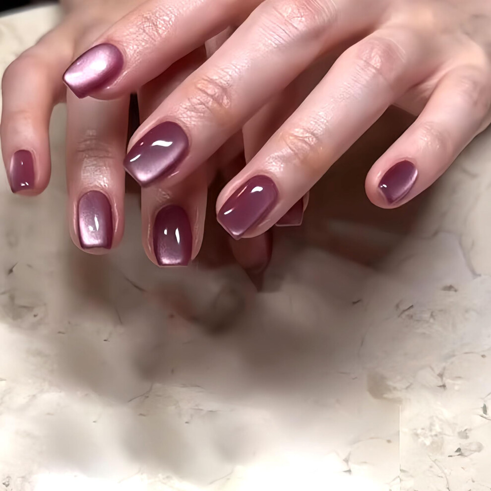 Purple Short Coffin Press On Nails Cat Eye Glossy Fake Nails Reusable 24Pcs Instant Salon Finish