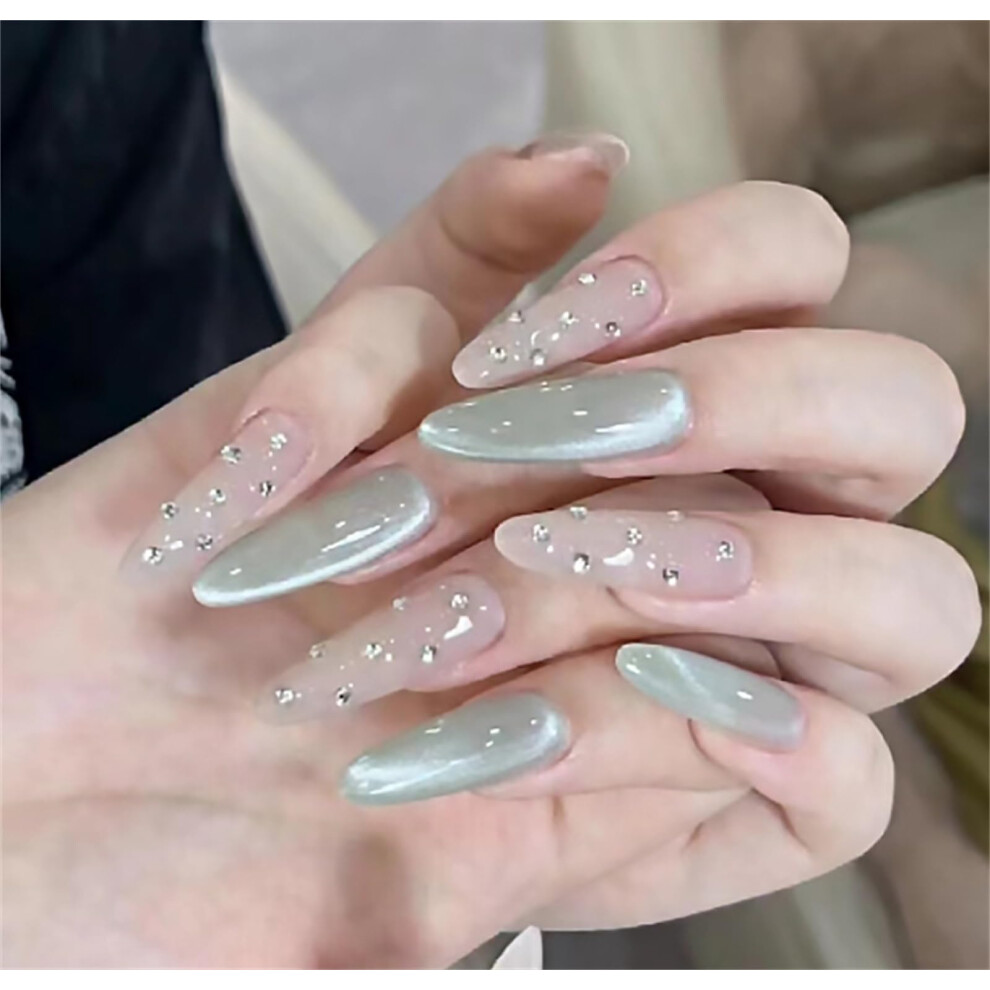 Long Almond Press On Nails Nude Pearl Fake Nails with Shimmery Gradient Design for Women