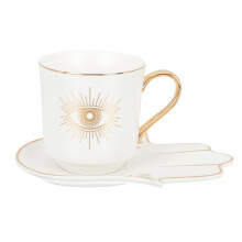 Evil Eye Mug with Saucer, 6.7oz Ceramic Coffee Cup, Turkish Blue Protection Tea Cup Set White
