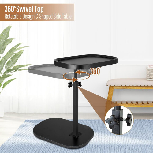 C Shaped Side Table Adjustable Height with 360 Rotating  for Sofa Bed Space Saving Black 2
