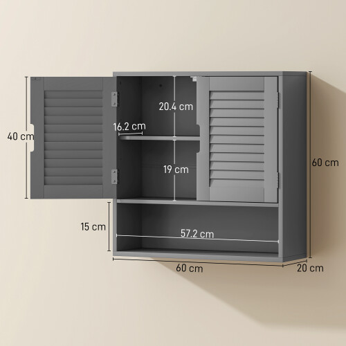 Homcom (Grey) HOMCOM Bathroom Cabinet, Wall Mounted Cabinet with Adjustable Shelves 2