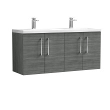 Balterley Level 1200 mm Wall Hung 4 Door Vanity Unit with Double Basin for Modern Bathroom Storage - Anthracite Woodgrain