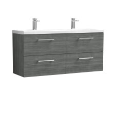 Balterley Level 1200mm Wall Hung 4 Drawer Vanity Unit with Double Basin for Modern Bathroom Storage - Anthracite Woodgrain