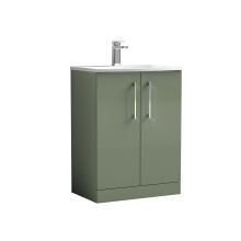 Balterley Level Modern Bathroom 2 Soft Close Door Floor Standing Vanity Unit & Curved Basin, Satin Green, 600mm