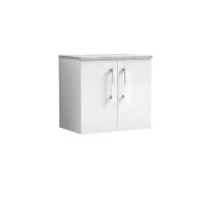Balterley Level 600mm Wall Hung 2 Door Vanity Unit with Laminate Worktop for Compact Contemporary Bathroom Storage - Gloss White