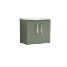 Balterley Level 600mm Wall Hung 2 Door Vanity Unit & Laminate Worktop for Modern Bathroom Storage - Satin Green