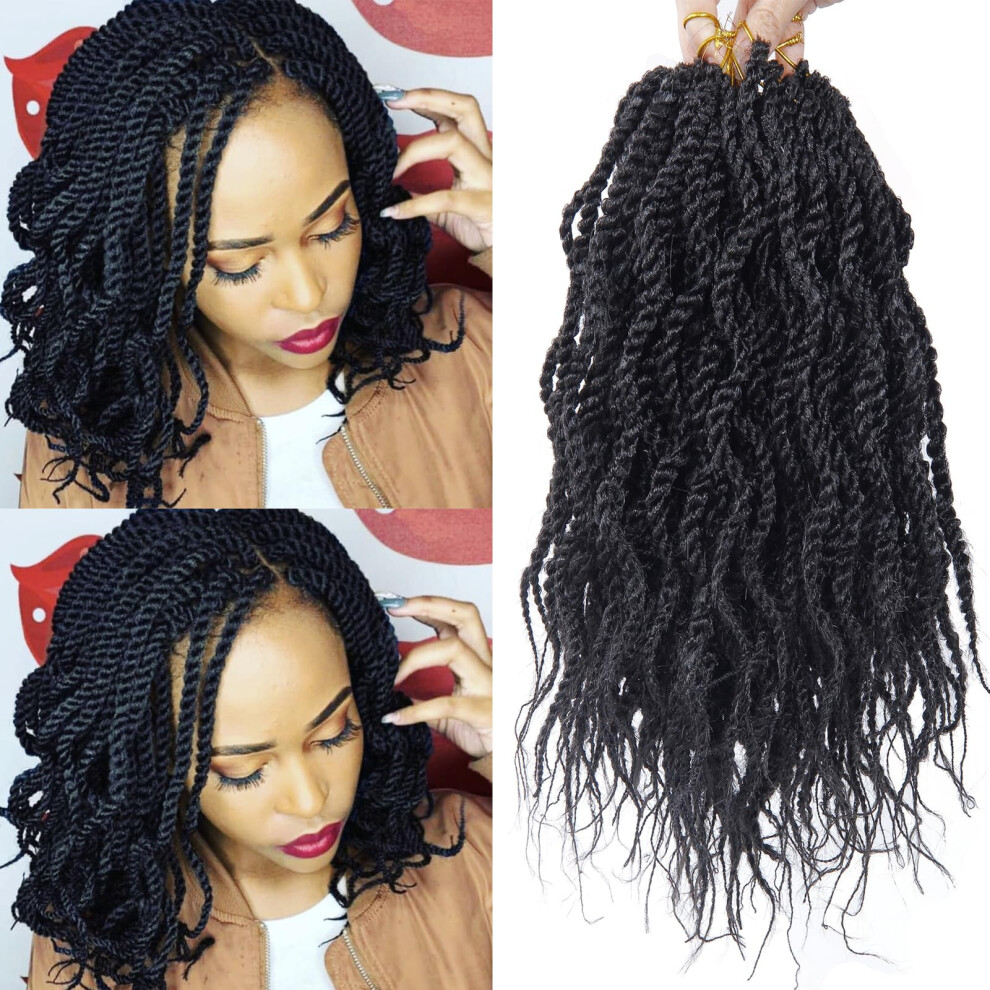 Unisex 14 Inch Wavy Senegalese Twist Crochet Hair Extensions 8 Packs Natural Curl Tangle #1B